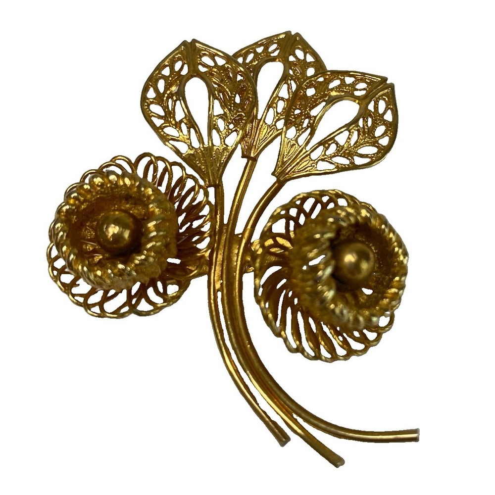 Vintage Gold Tone Filigree Flower Brooch Pin 1970s Retro Sunflower Mid Century